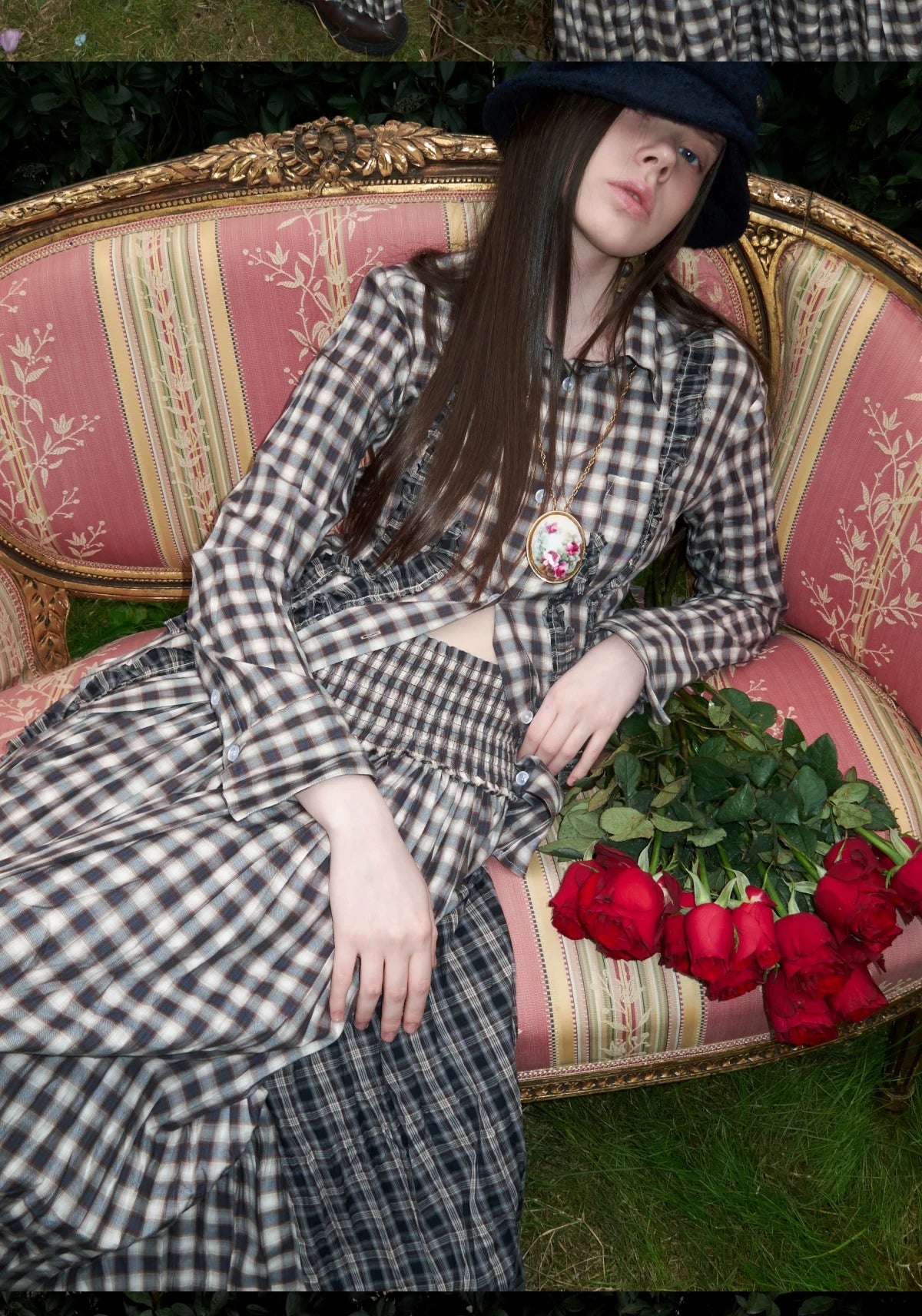 Contrast Plaid Ruffle Shirt & Long Skirt Set