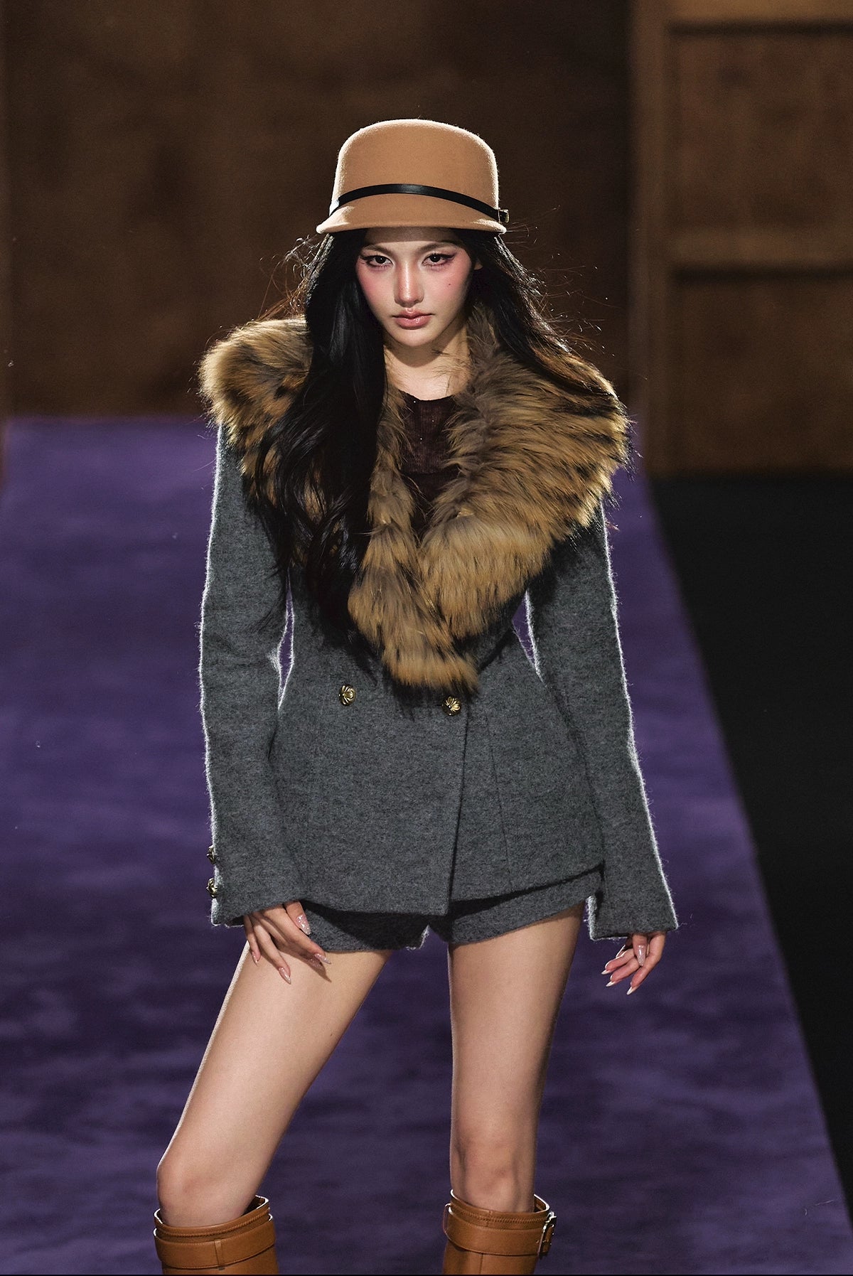 Detachable Fur Collar Wool Tailored Blazer & Shorts Set