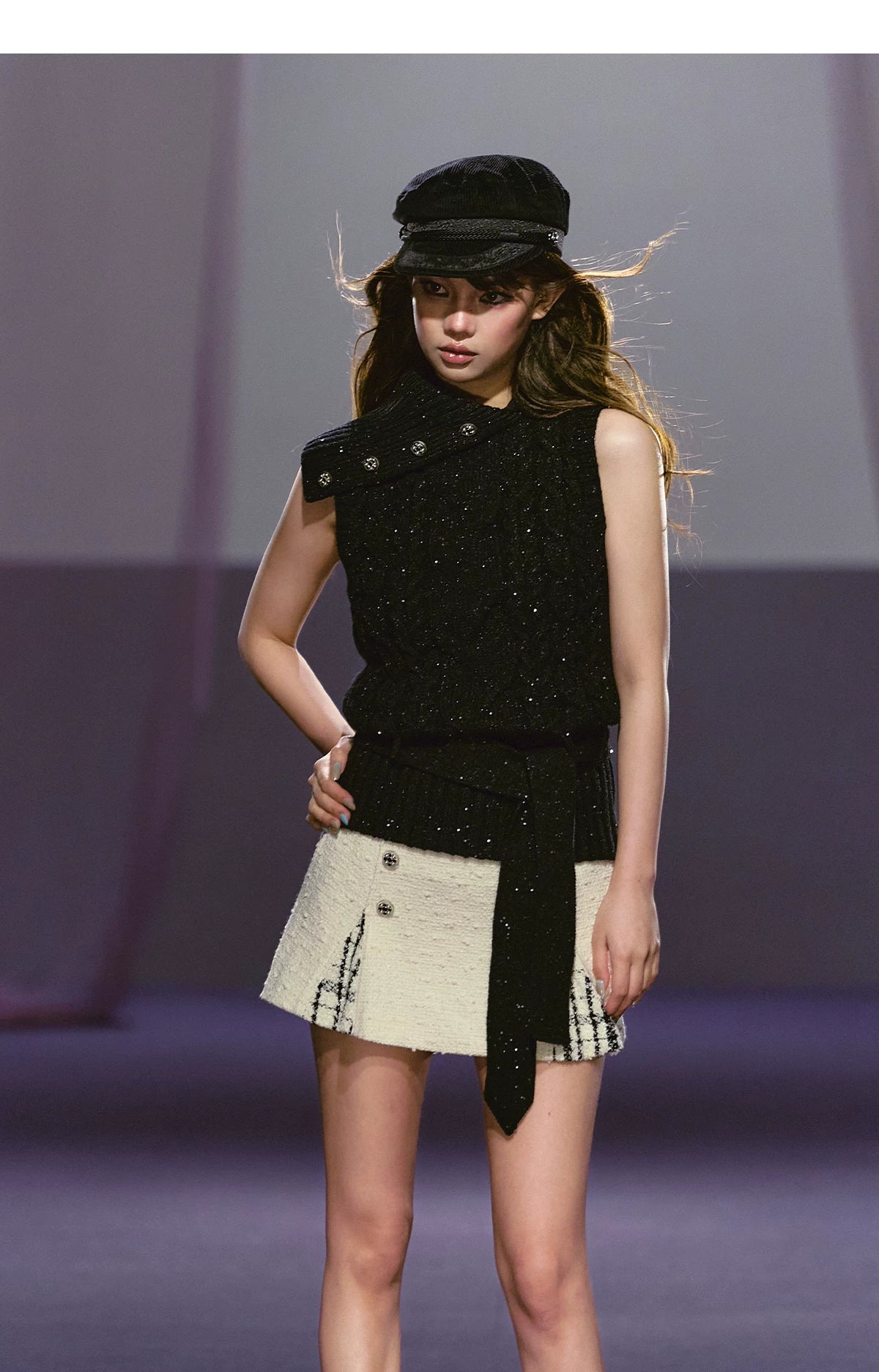 Tailored Double-Breasted Sequin Patchwork Pleated Mini Skirt