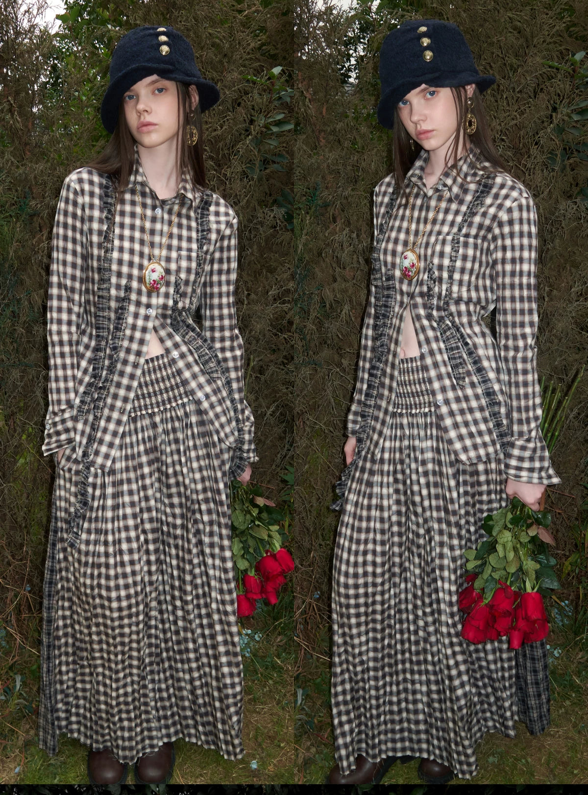 Contrast Plaid Ruffle Shirt & Long Skirt Set