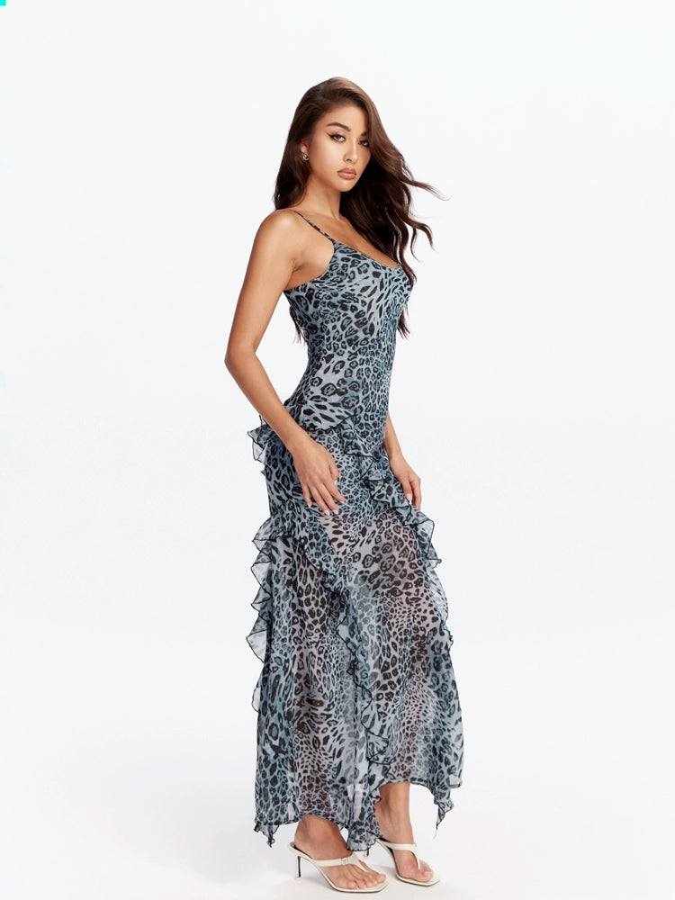 Blue Leopard Ruffle Maxi Dress