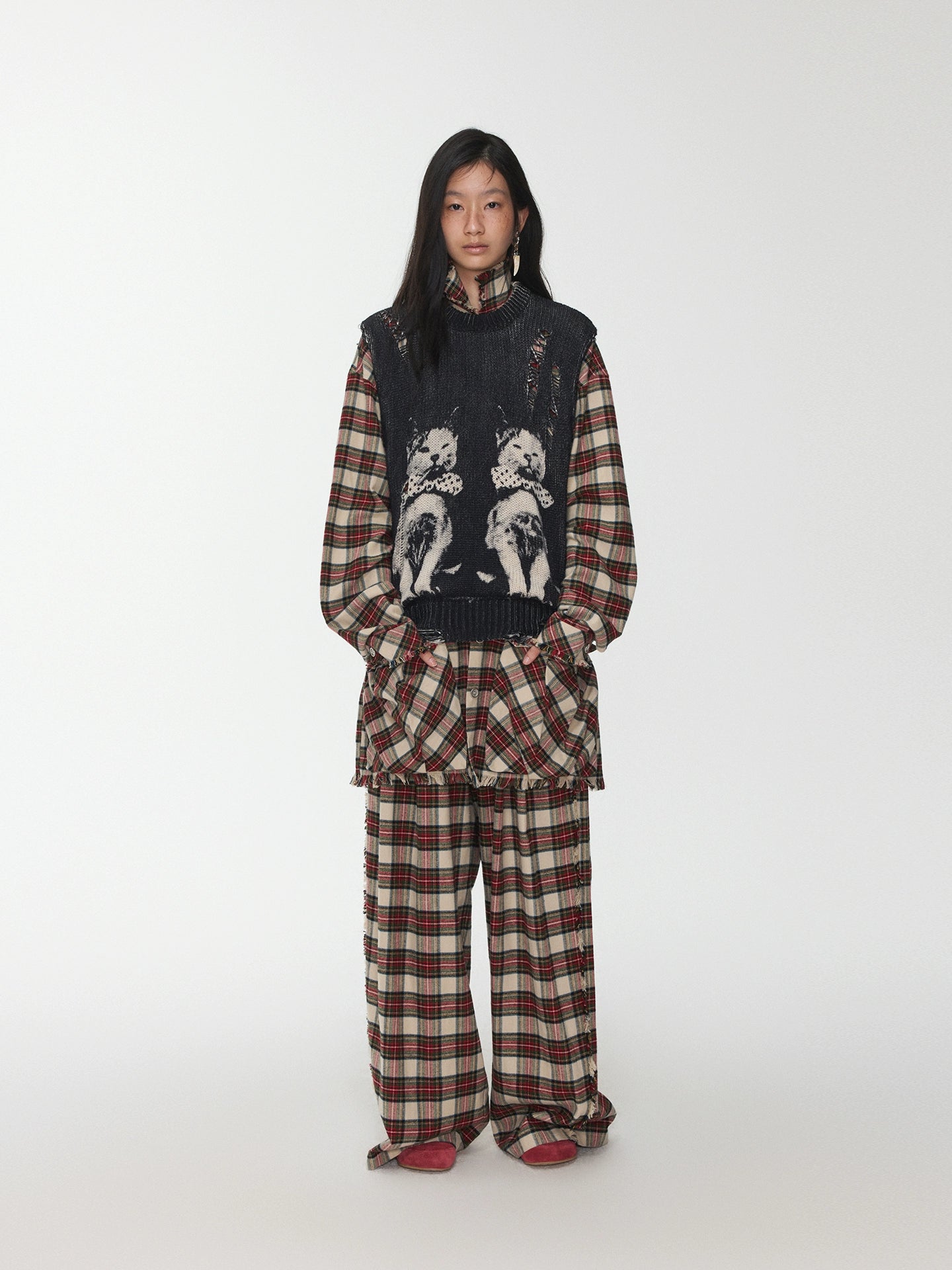 Distressed Cat Jacquard Knit Vest