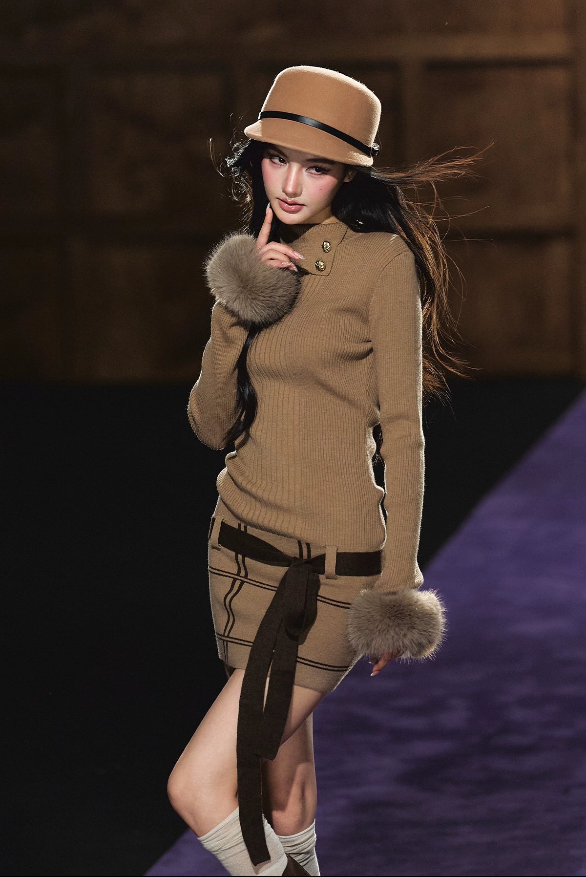 Faux Fur Cuff High-Neck Knit Dress