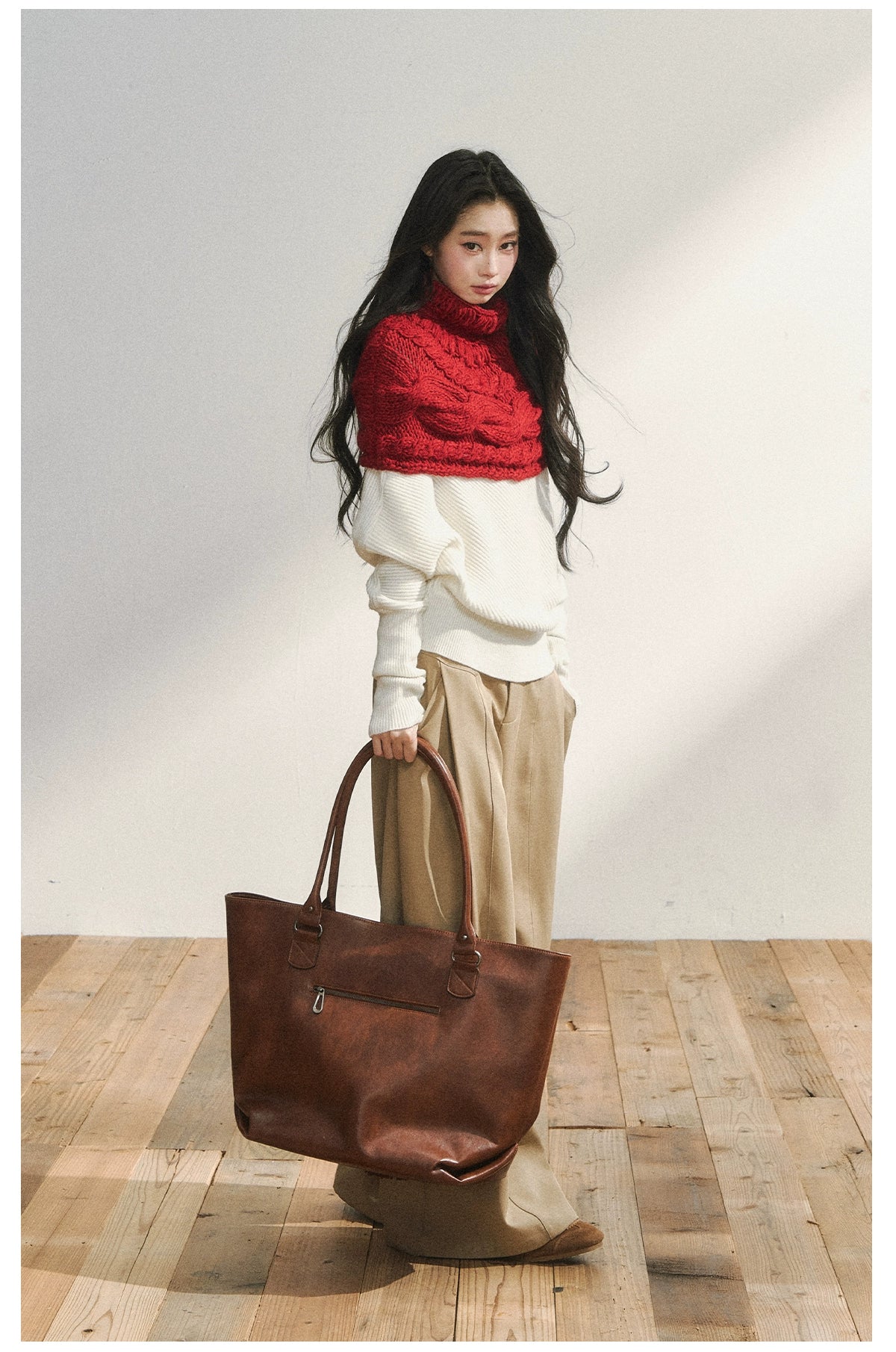 Two-Tone Knitted Fuzzy Pullover Shawl