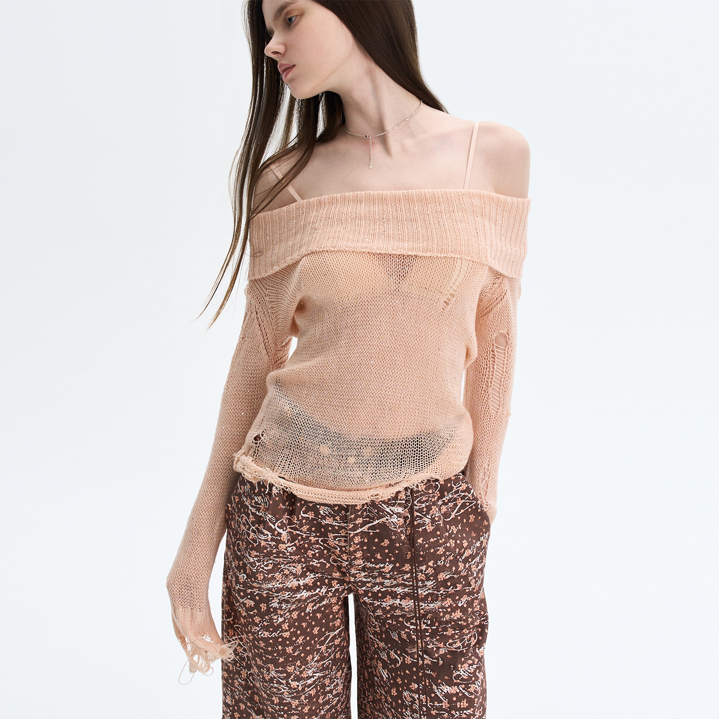 Off-Shoulder Sequin Cut-Out Knit Top