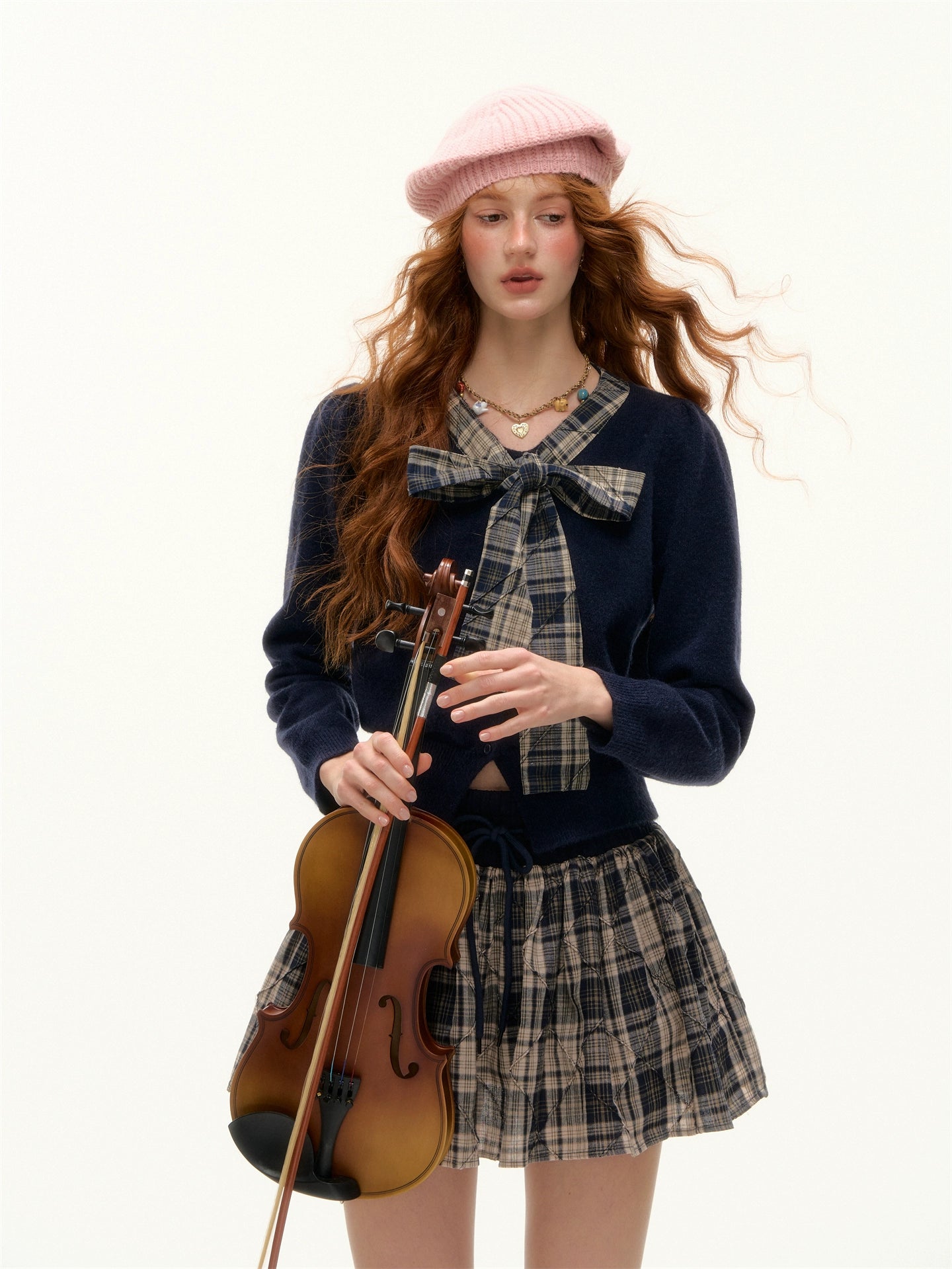 Plaid Bow-Knot Round Neck Knitted Cardigan - CHINASQUAD