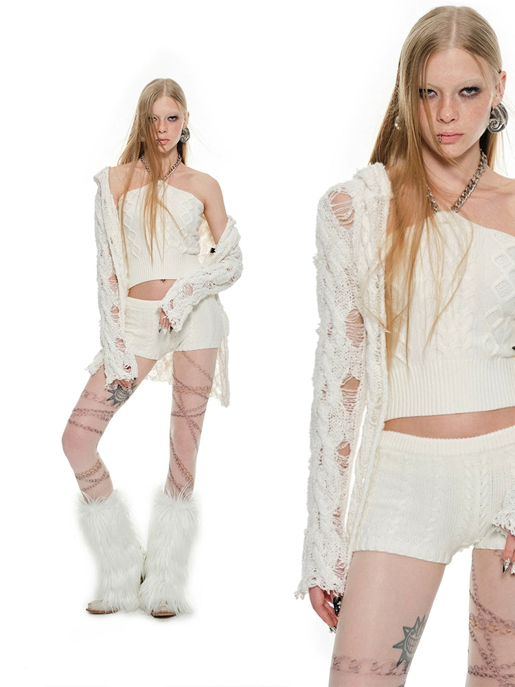 Black & White Knitted Slim-Fit Low-Waist Shorts - CHINASQUAD