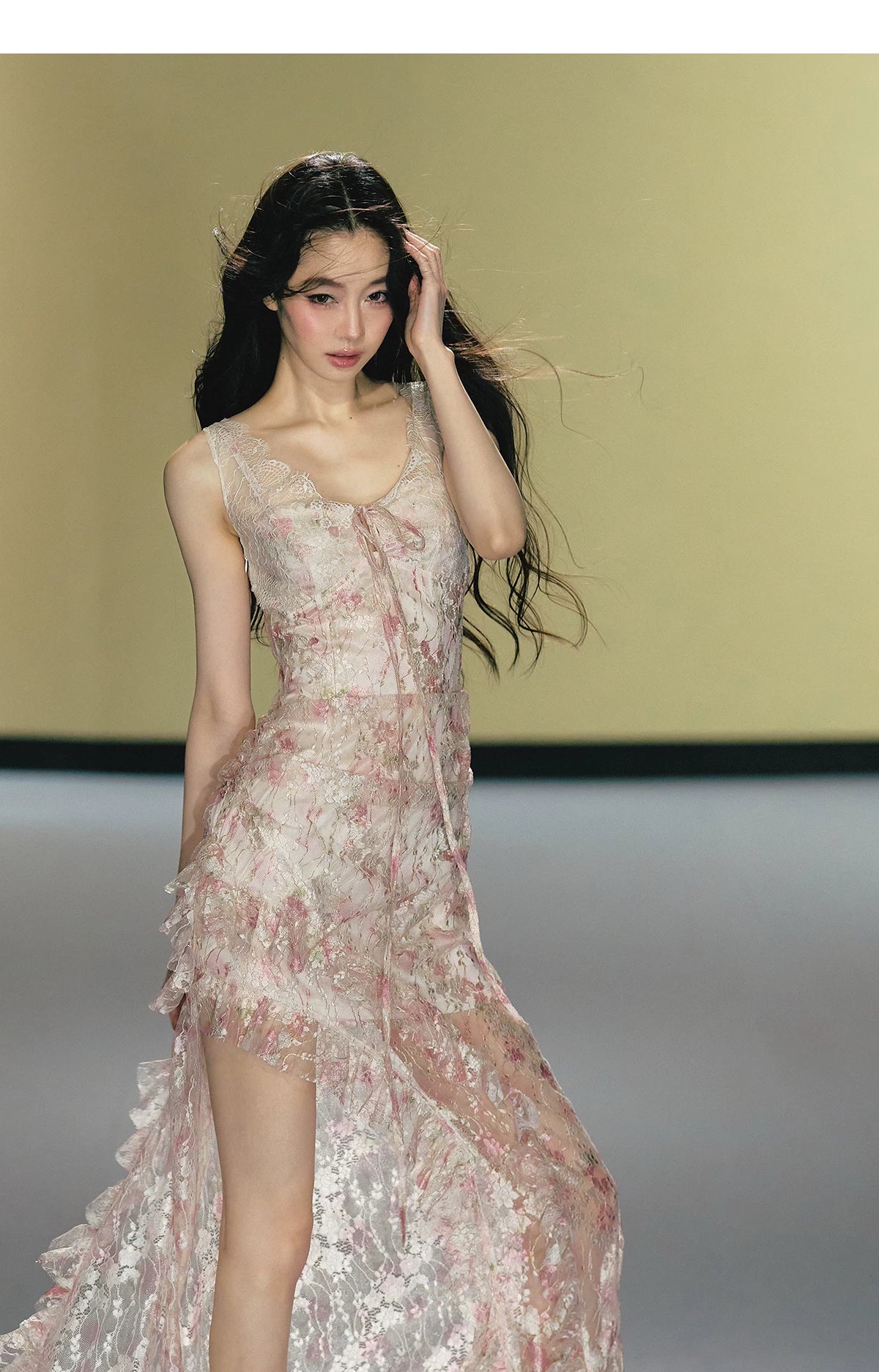 Misty Blush Lace-Panel Slip Maxi Dress