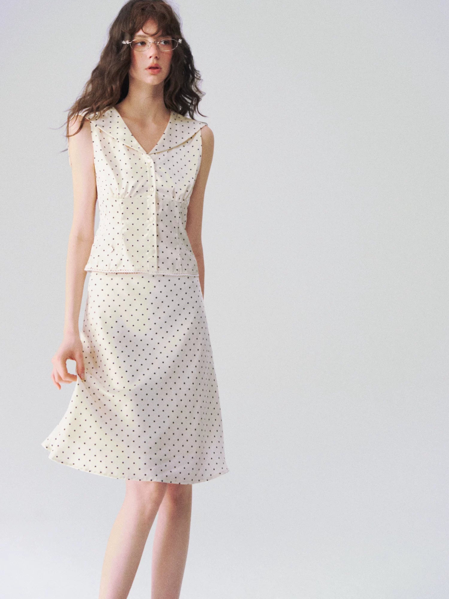 Collar Cinched Top & French A-line Midi Skirt Set