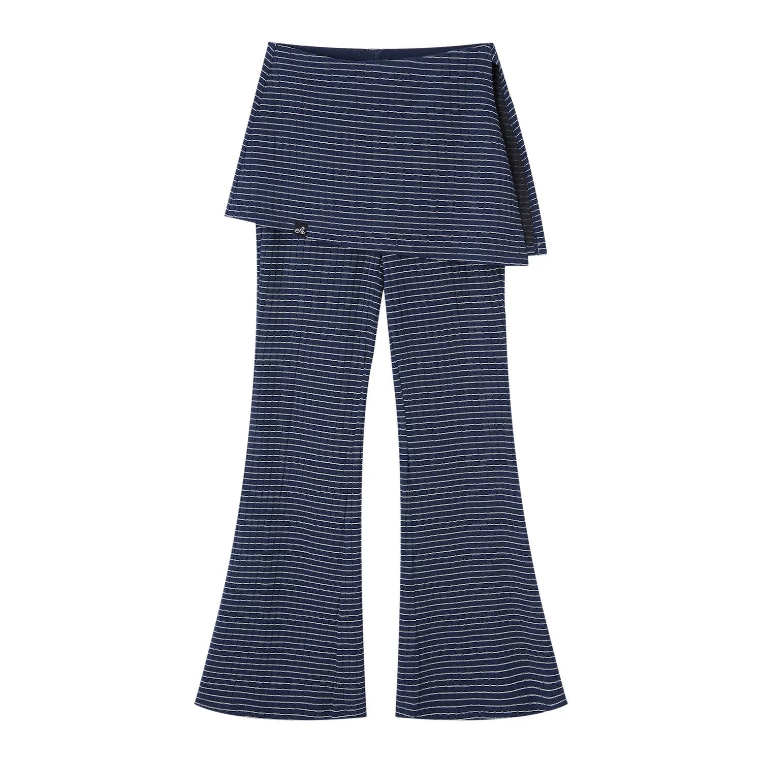 Patchwork Striped Henley Long Sleeve T-Shirt & Layered Knit Flared Skirt Pants Set