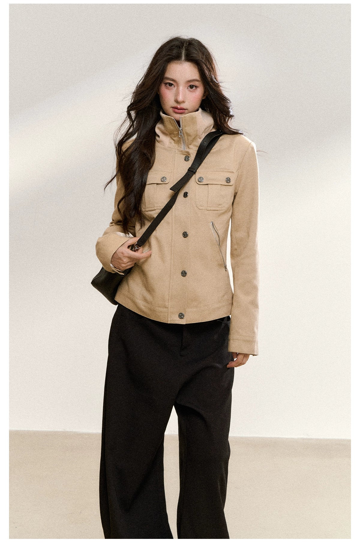 Vintage Suede Stand-Collar Fitted Jacket
