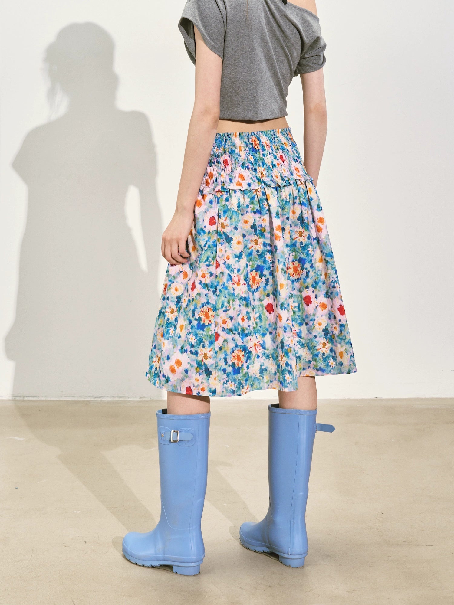 Floral Waist-cinching Slim-fit Midi A-line Skirt - CHINASQUAD