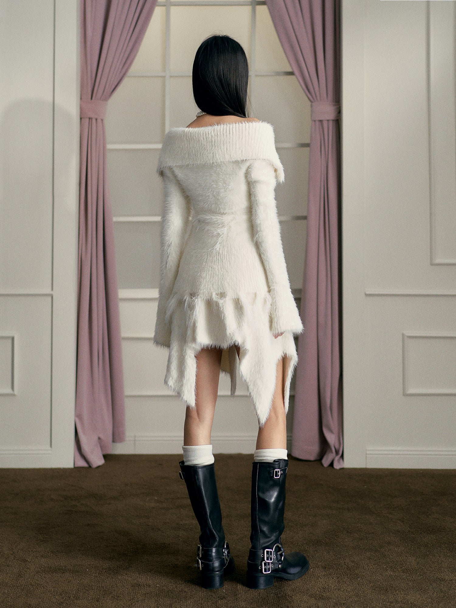 Apricot Off-Shoulder Shawl Cardigan & Knitted skirt set - CHINASQUAD