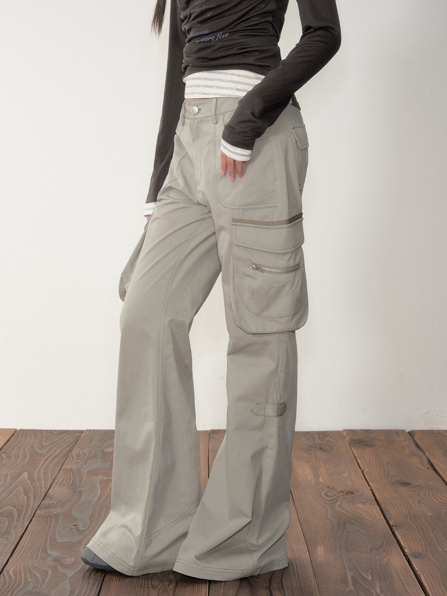 Gray-Green 3D Pockets Cargo Zipper Flare Pants