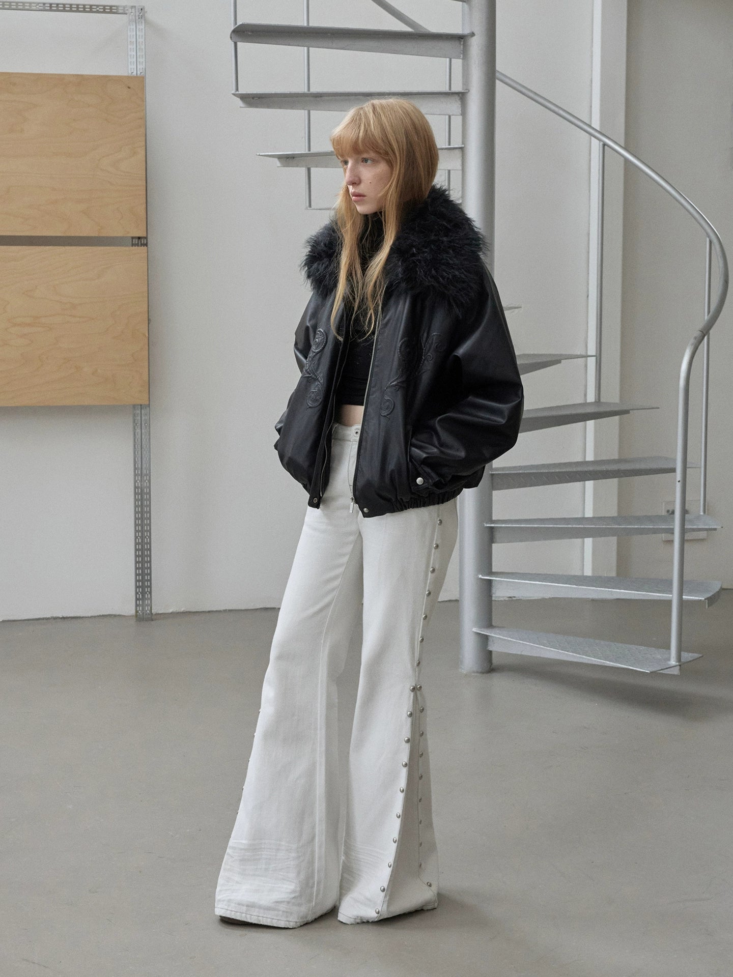 Embossed Faux Leather Puffer Detachable Fur Collar Jacket - CHINASQUAD