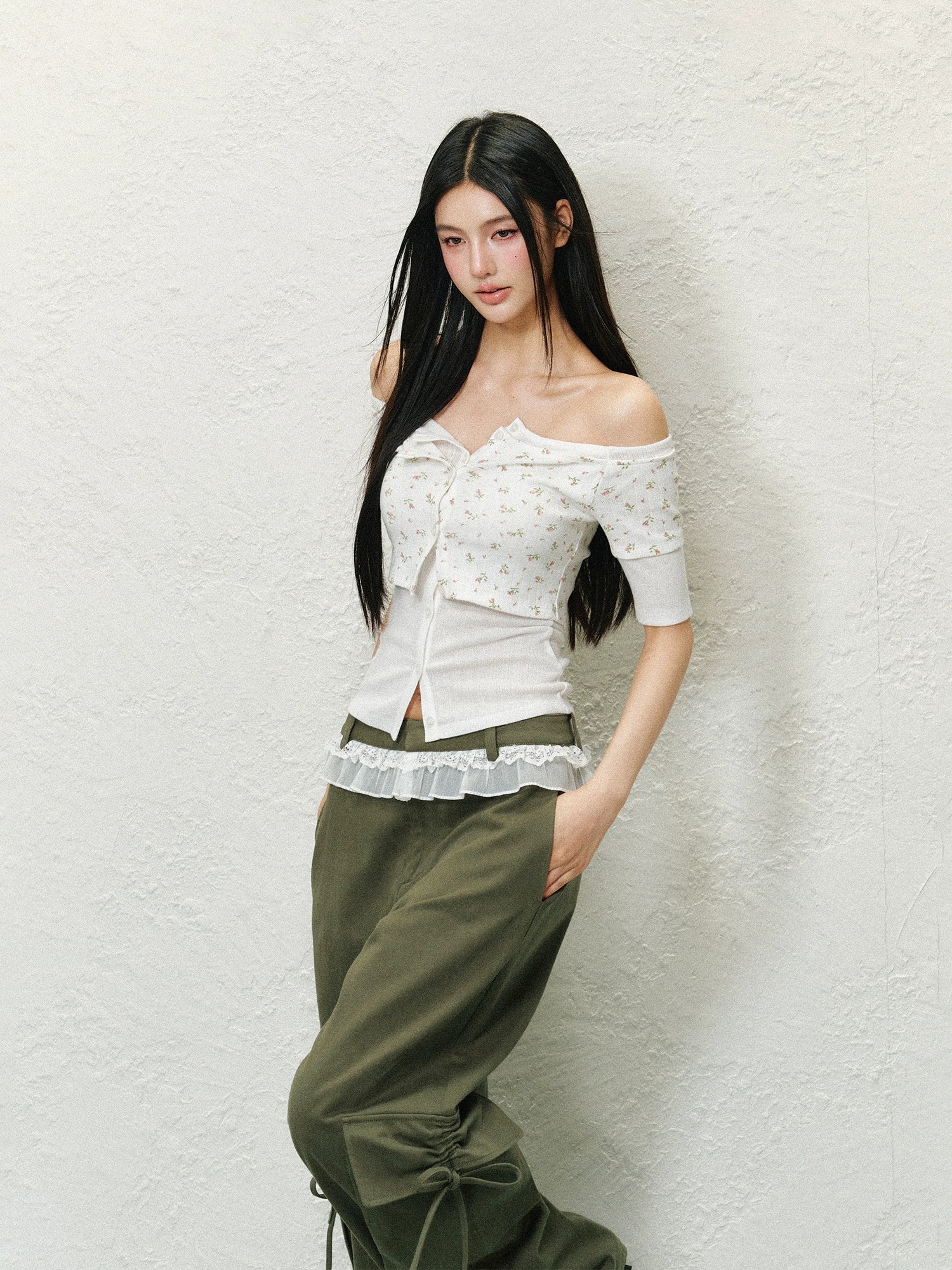 Off-Shoulder Fake Two-piece Color Block T-shirt - CHINASQUAD