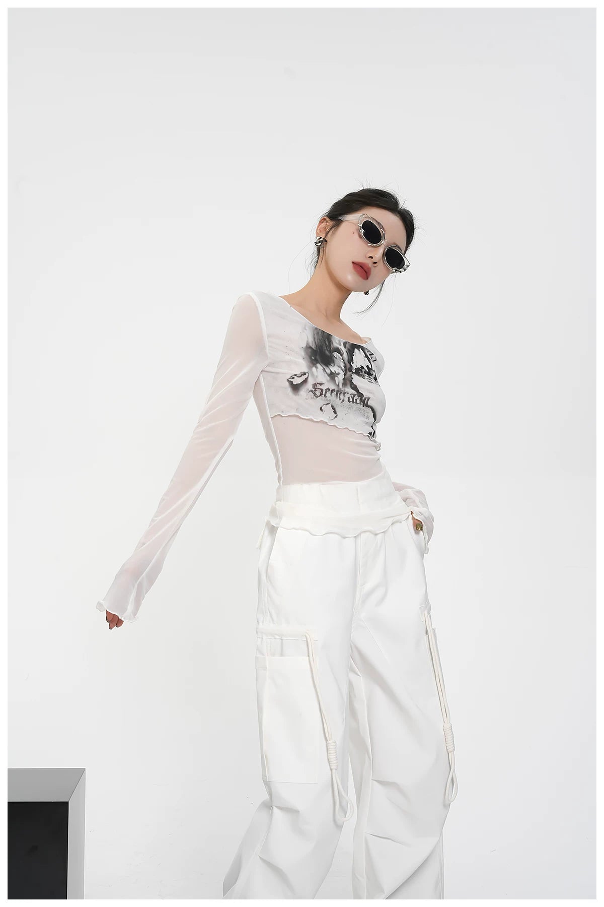 Street-Style Printed Mesh Long-Sleeve T-Shirt