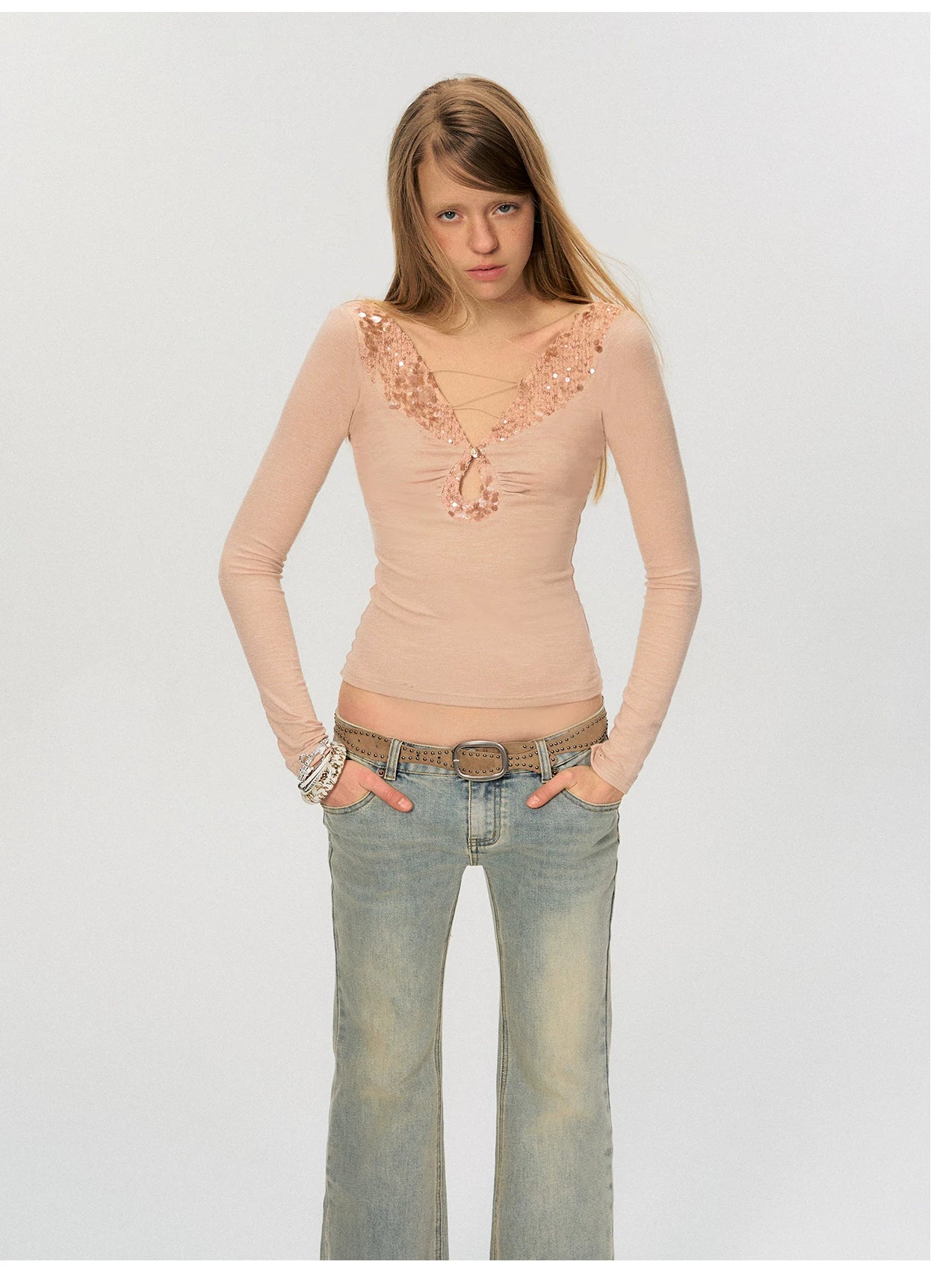 Cut-Out Lace-Up Slim Fit Long Sleeve Top