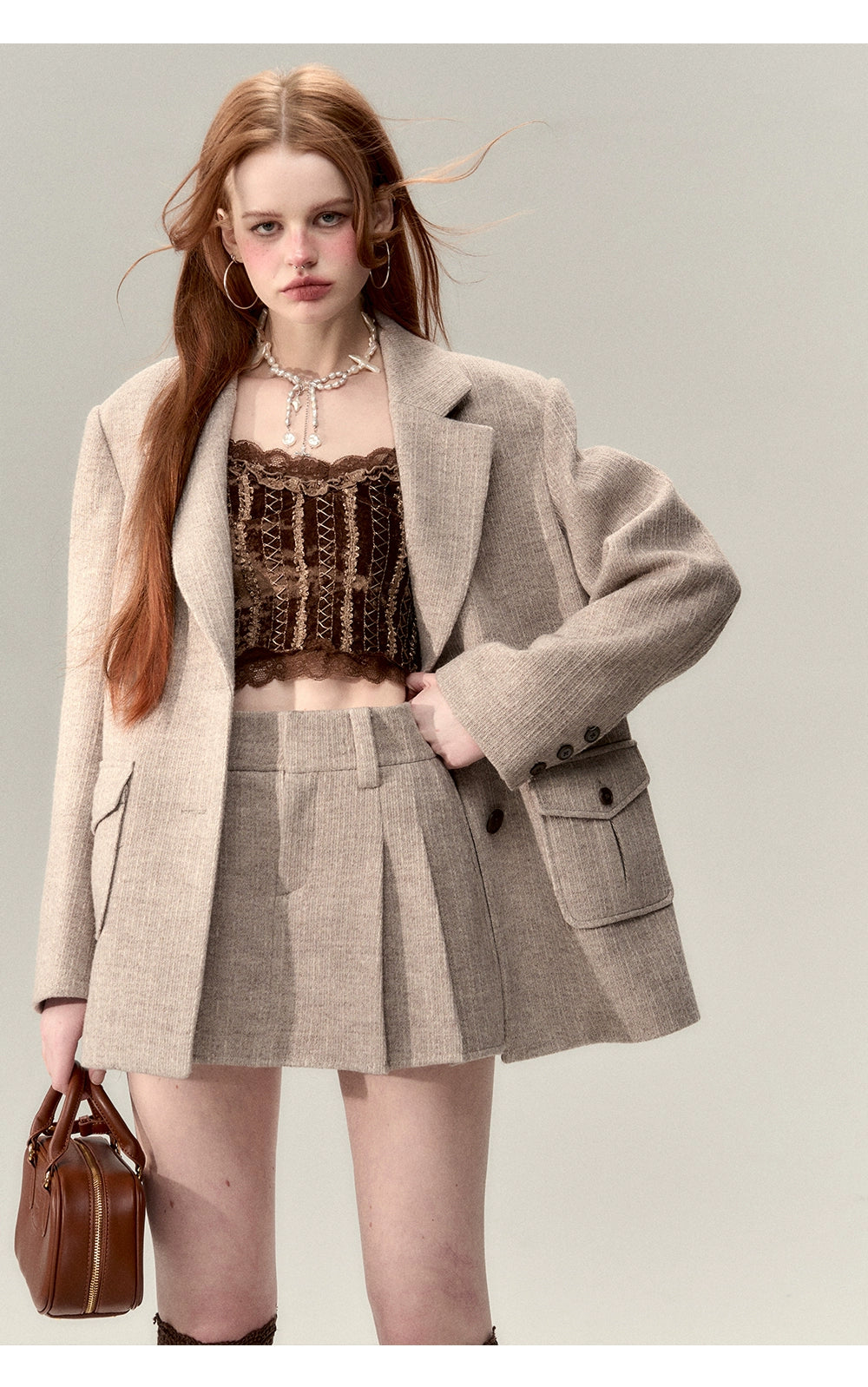 Coffee-Colored Suit Jacket & Skirt Set - CHINASQUAD