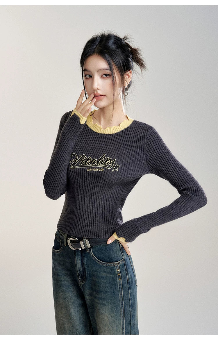 Gray Contrast Color Layered Knit Top