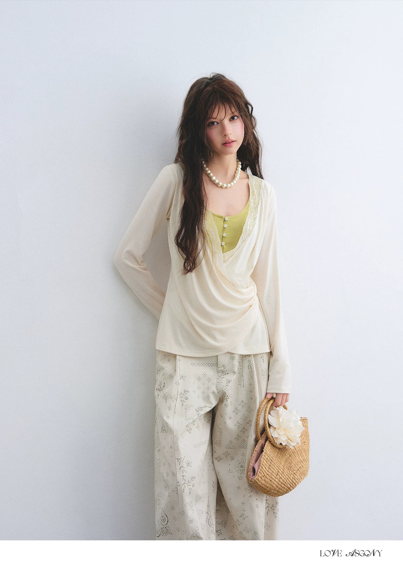 Tencel Lace Contrast Layered Cross-Drape Blouse