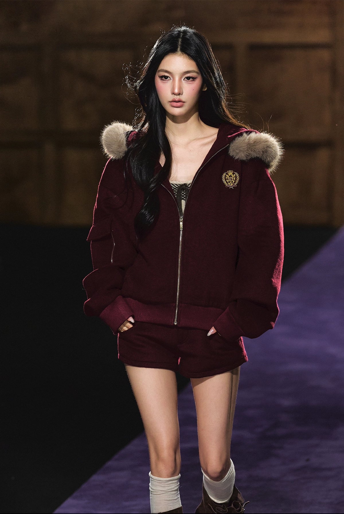 Wool-Blend Faux Fur Trimmed Fleece Hoodie