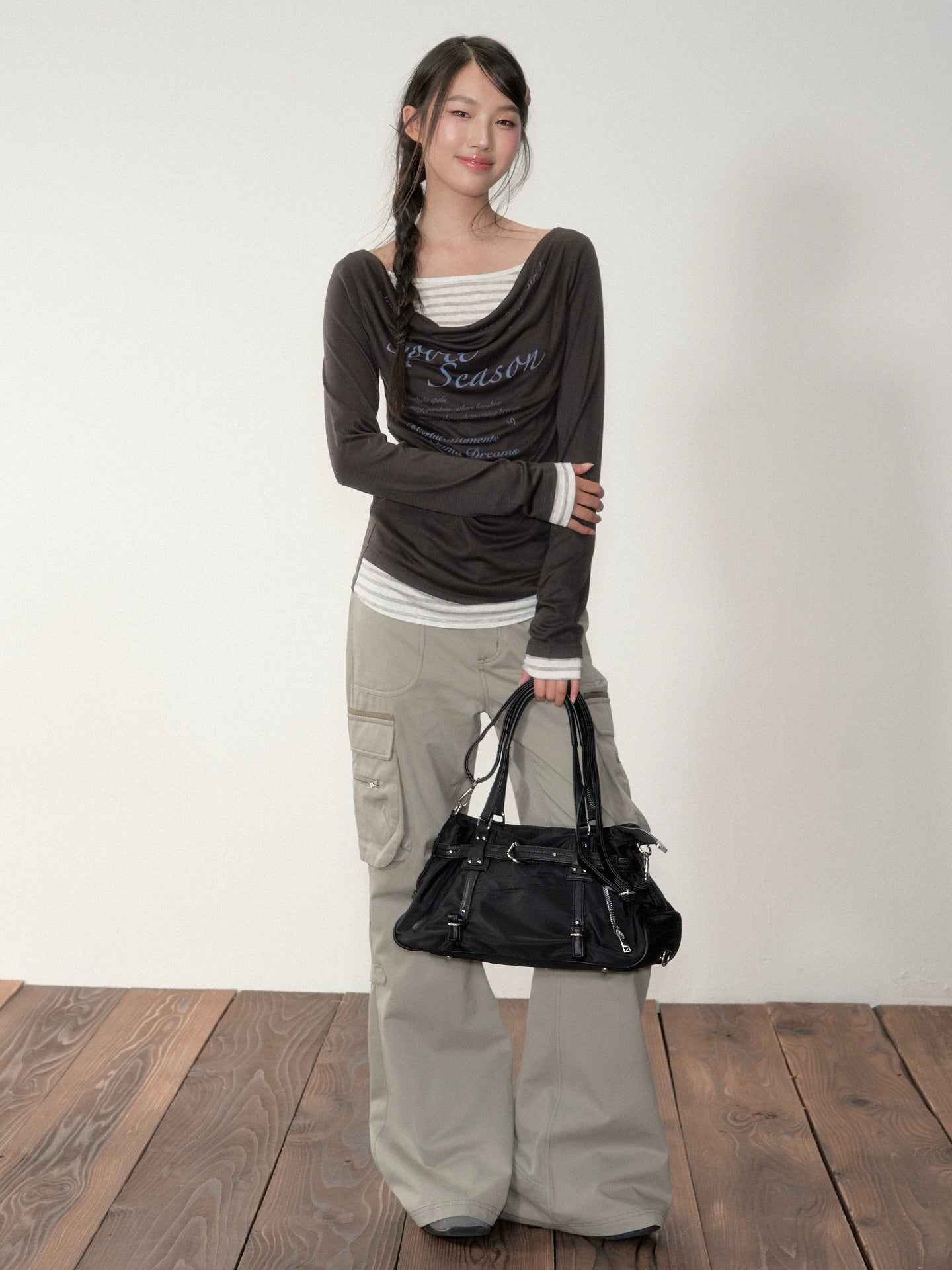 Gray-Green 3D Pockets Cargo Zipper Flare Pants