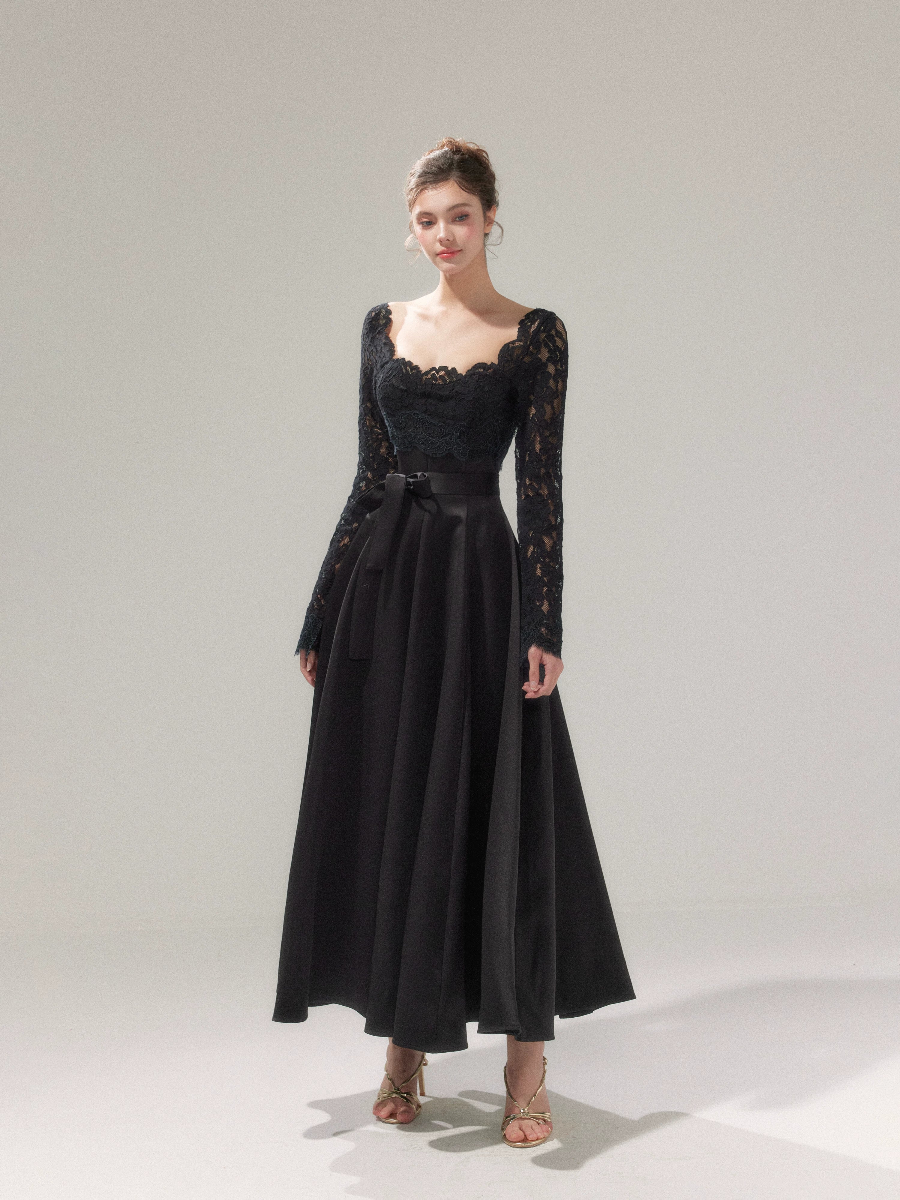 Lace Cinched-Waist Full-Skirt Evening Dress