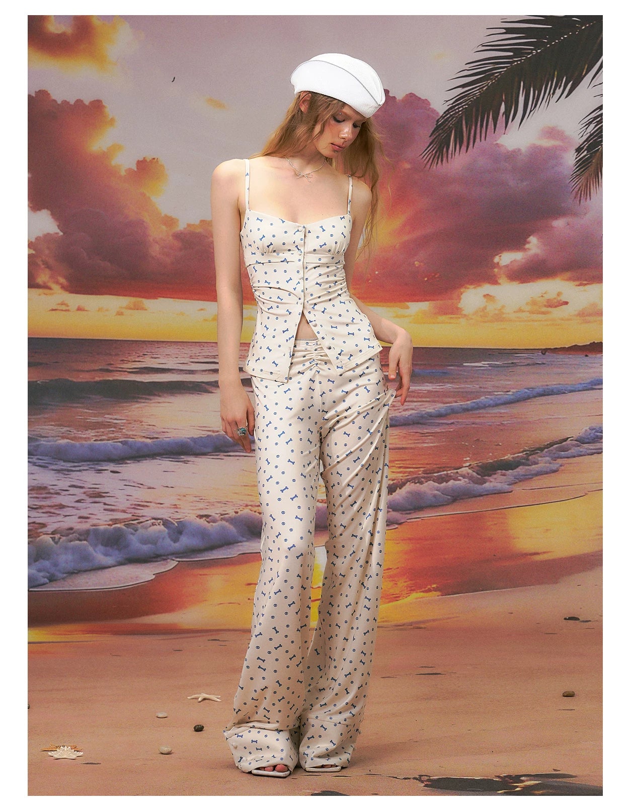 Printed Strapless Camisole Top & Straight-Leg Pants Set