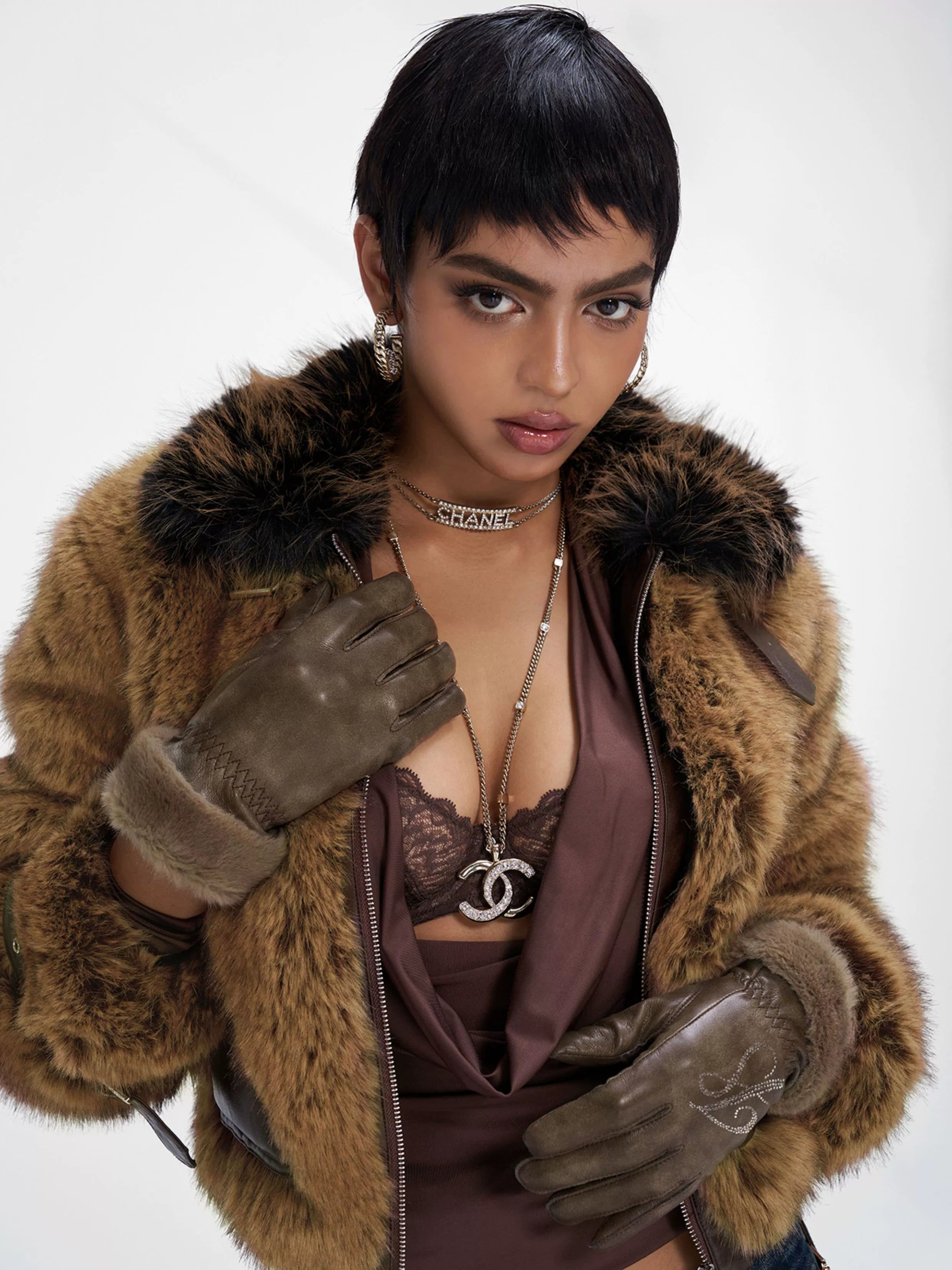 Fur Spliced Rhinestone Winter Gloves