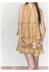 Mustard Yellow Halter Floral Dress - CHINASQUAD