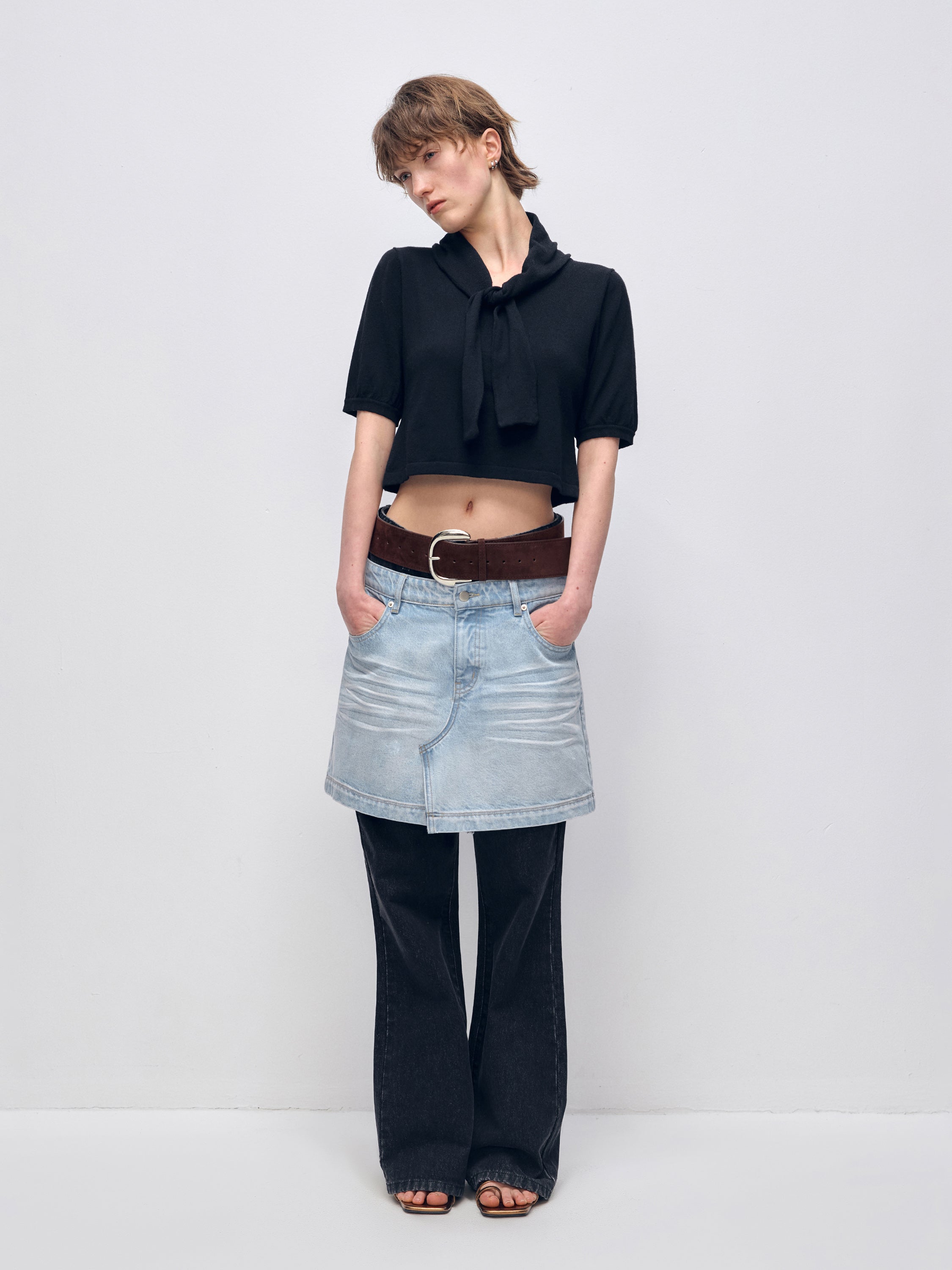 Color Block PatchworkFake Two-Piece Denim Flared Skirt Pants - CHINASQUAD