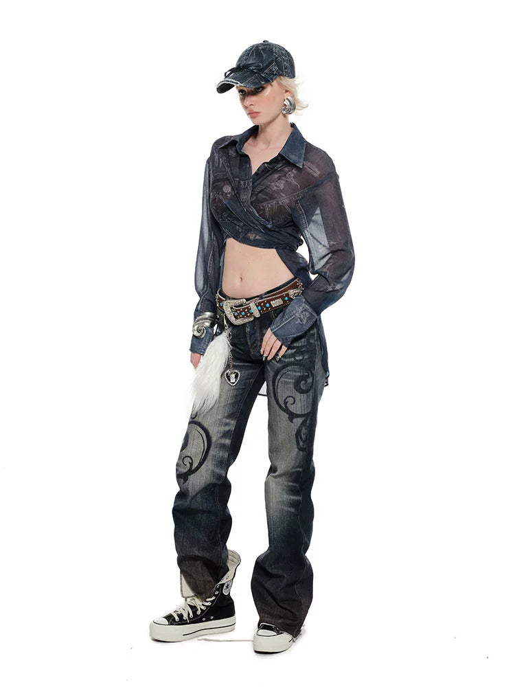 Blue Washed Distressed Straight-leg Jeans - CHINASQUAD