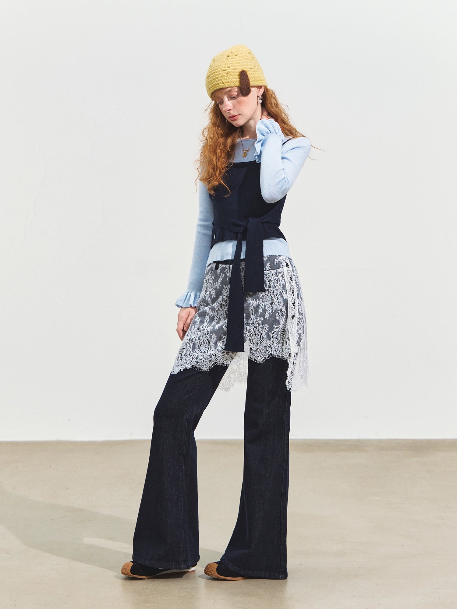 Contrast-Tie Layered Crewneck Knit Sweater