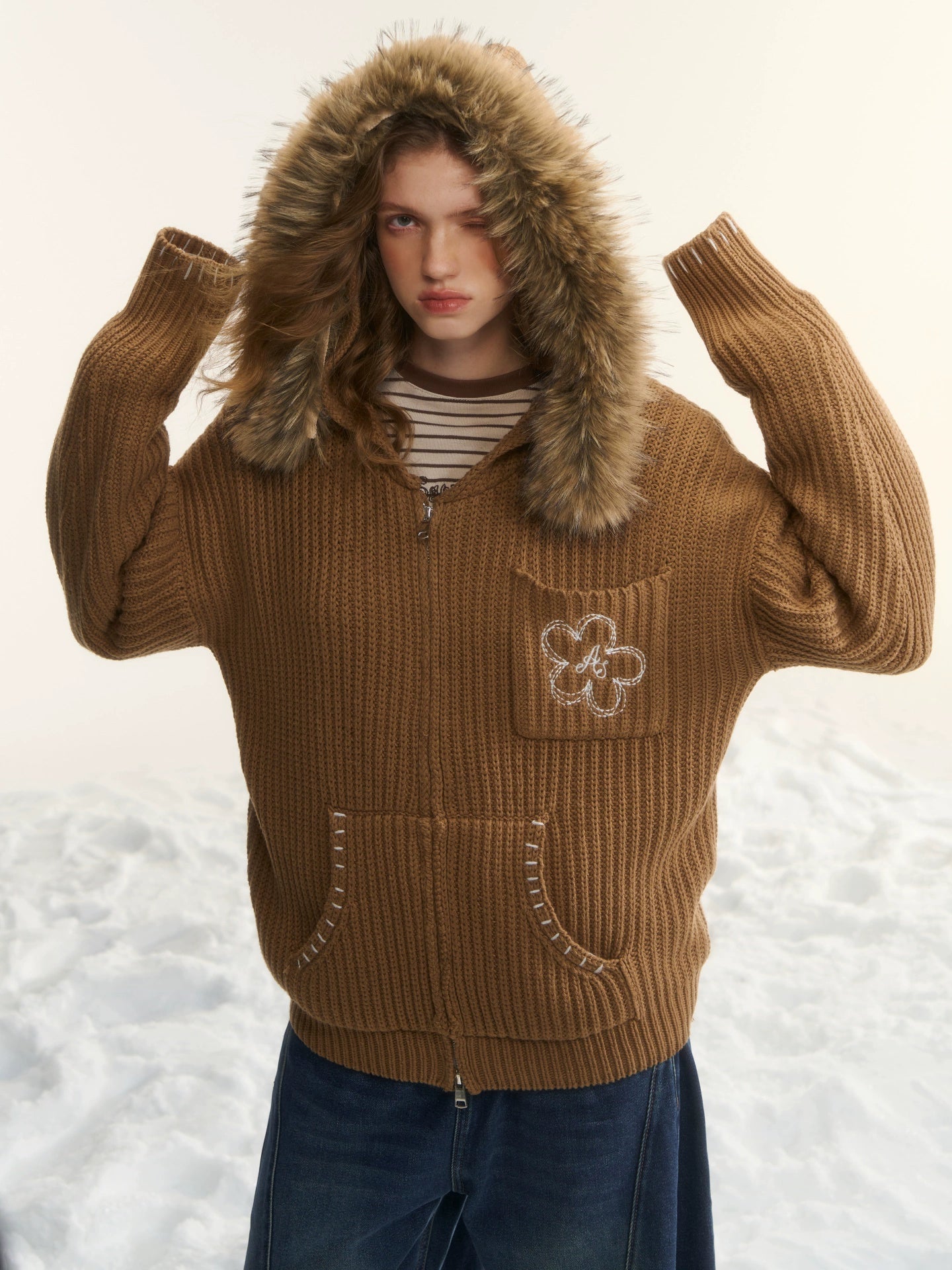 Embroidered Knit Zip-Up Hoodie Cardigan