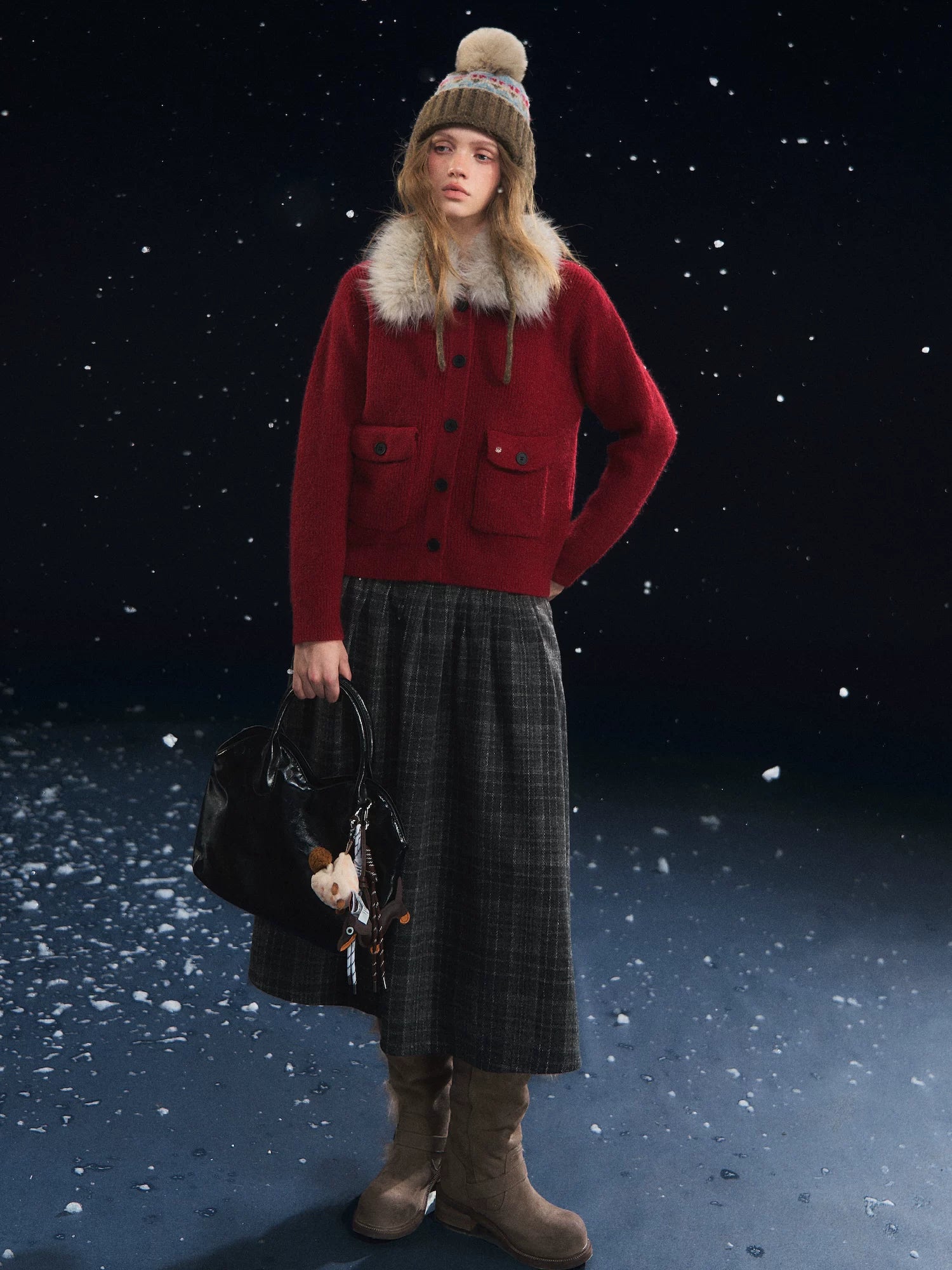 Detachable Fur Collar Ribbed Cardigan