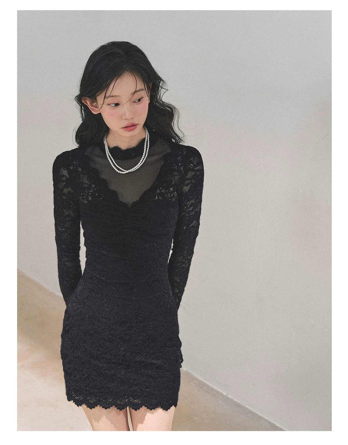 Lace Mesh Long-Sleeve Mini Dress