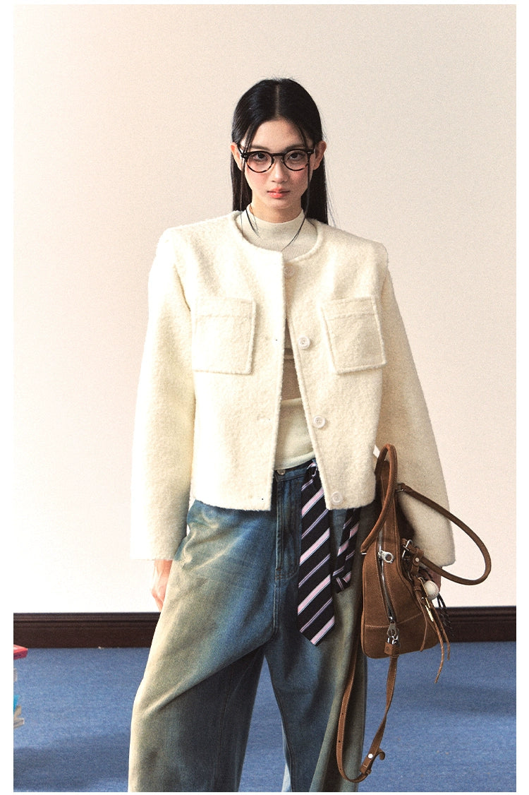 White Crewneck Elegant Chanel-Style Jacket