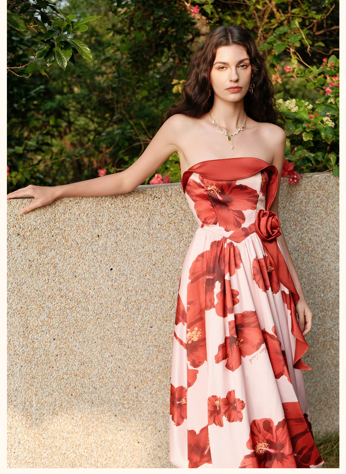 Satin Floral Bubble Hem Strapless Dress