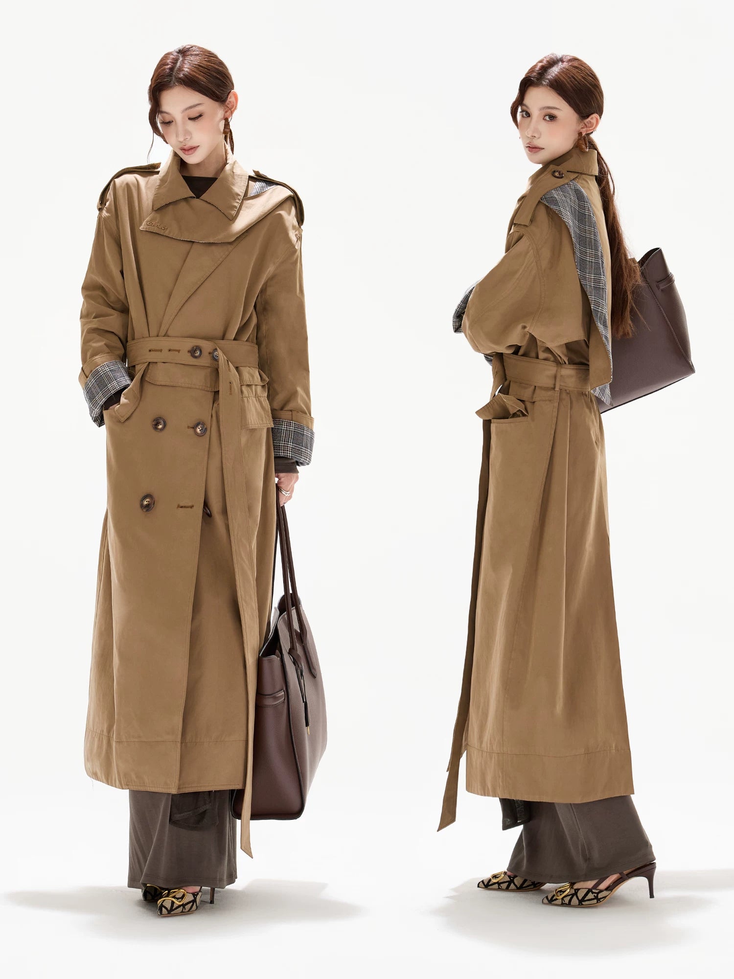 Double-Breasted Check-Panel Trench Coat