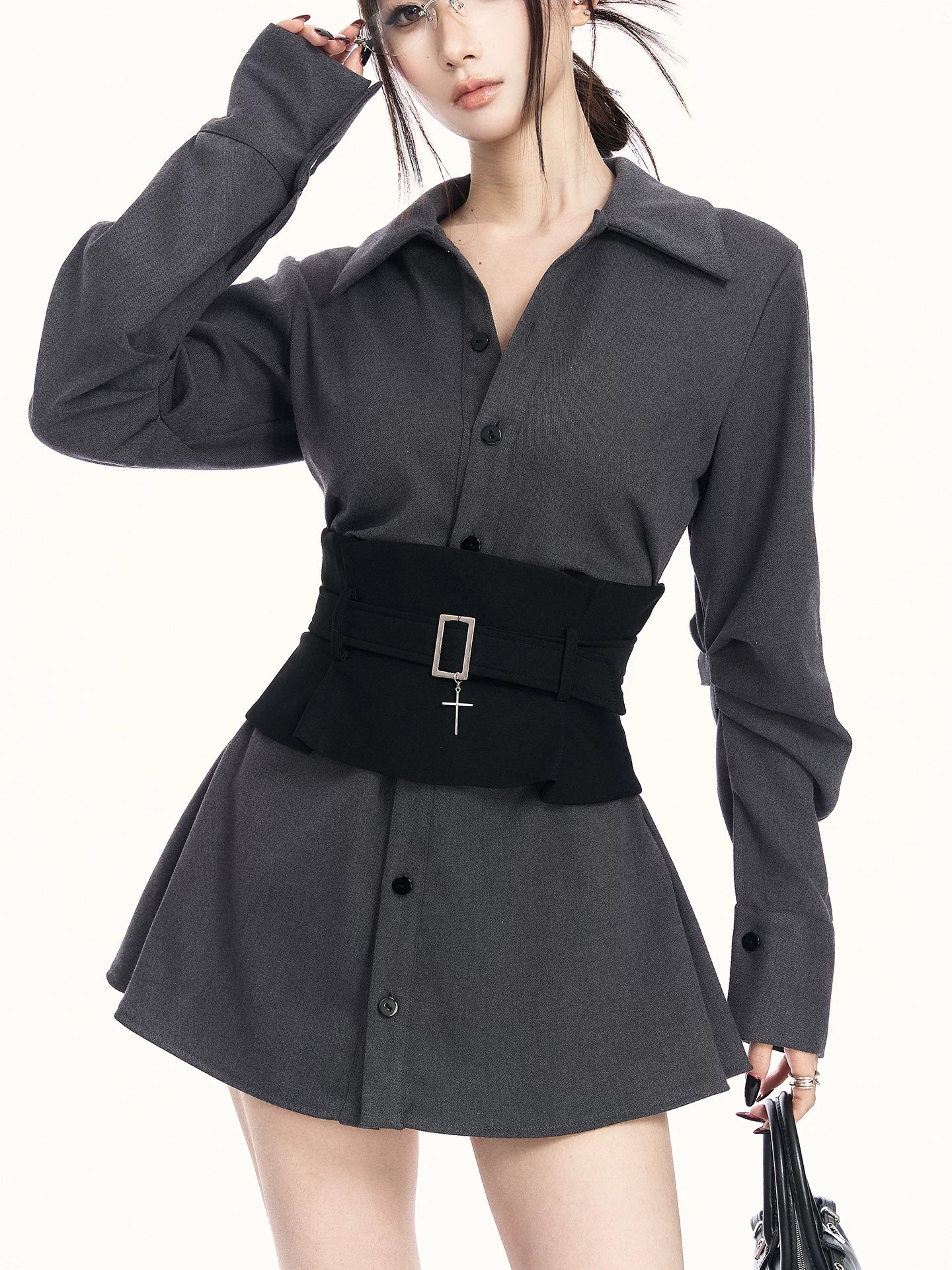 Corset-Waist Shirt Two-Piece Set