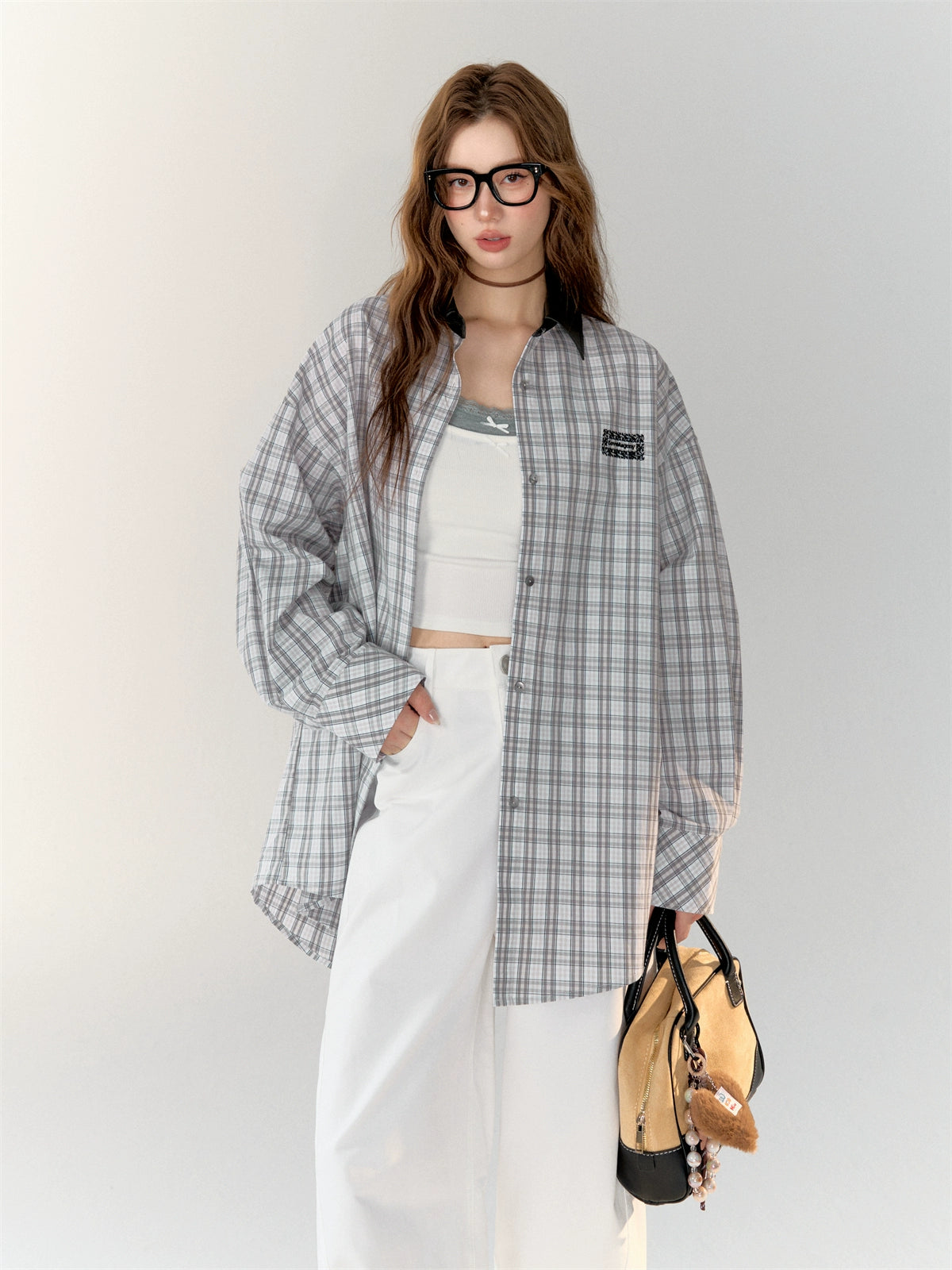 Leather Collar Embroidered Lace Plaid Shirt - CHINASQUAD