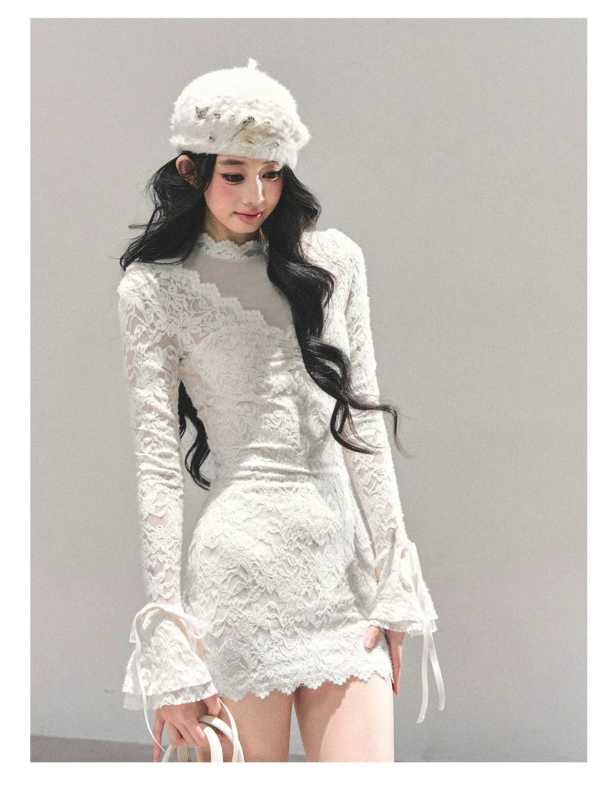 Lace Mesh Long-Sleeve Mini Dress