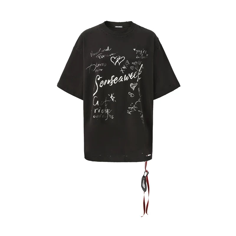 Letter Print Distressed Oversized T-Shirt