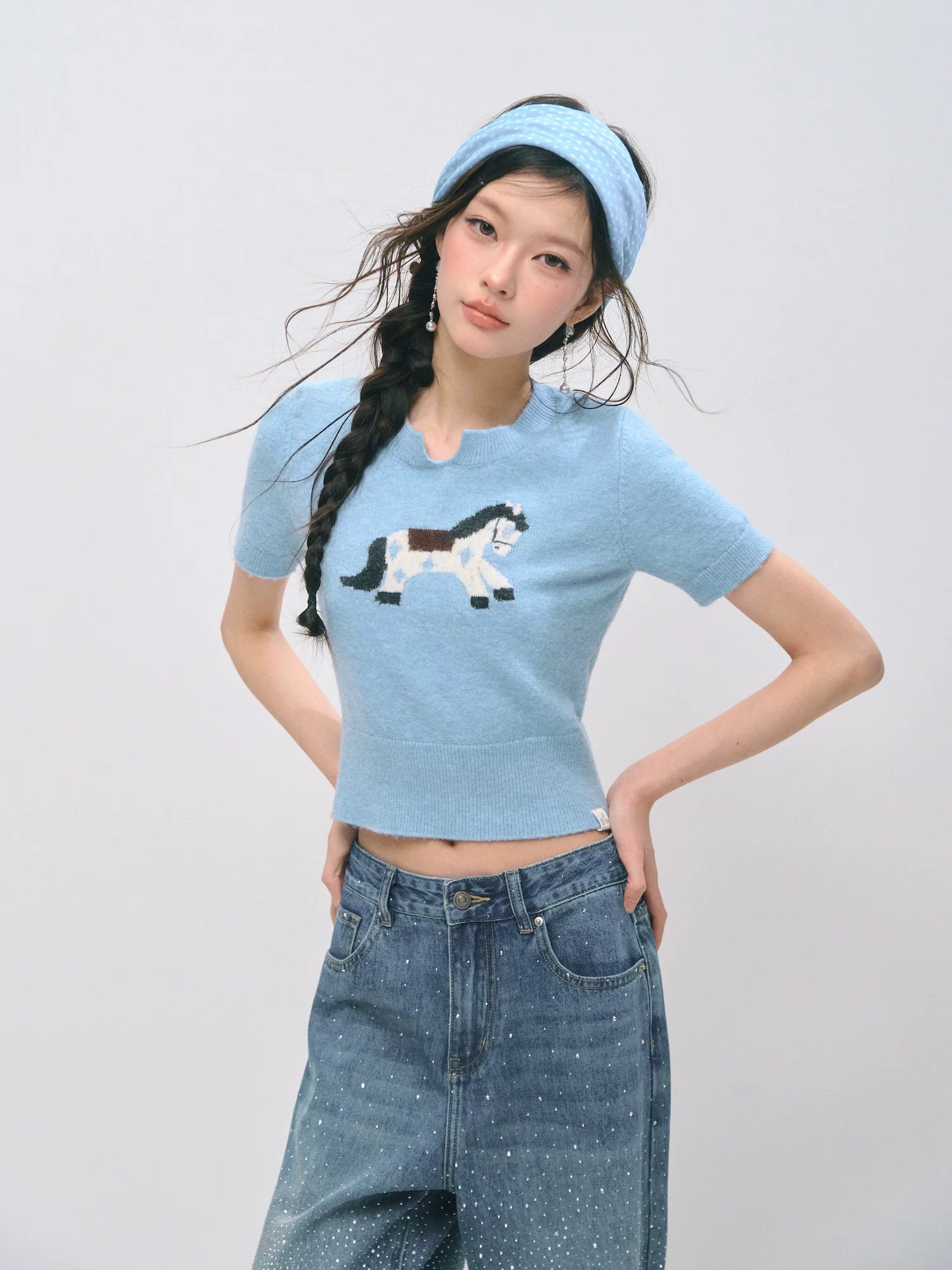 Jacquard Pony Knit Short Sleeve Top