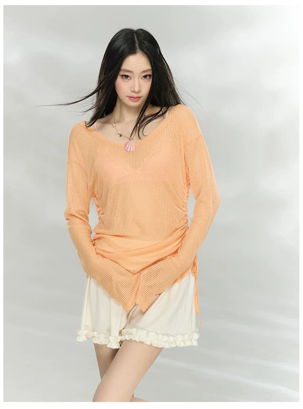 Sheer Textured Knit Open-Back Cover-Up Top