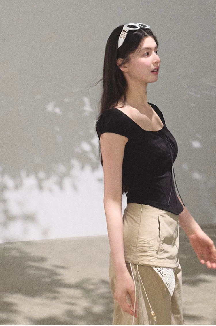 Ruched Waist Puff Sleeve Cropped T-shirt