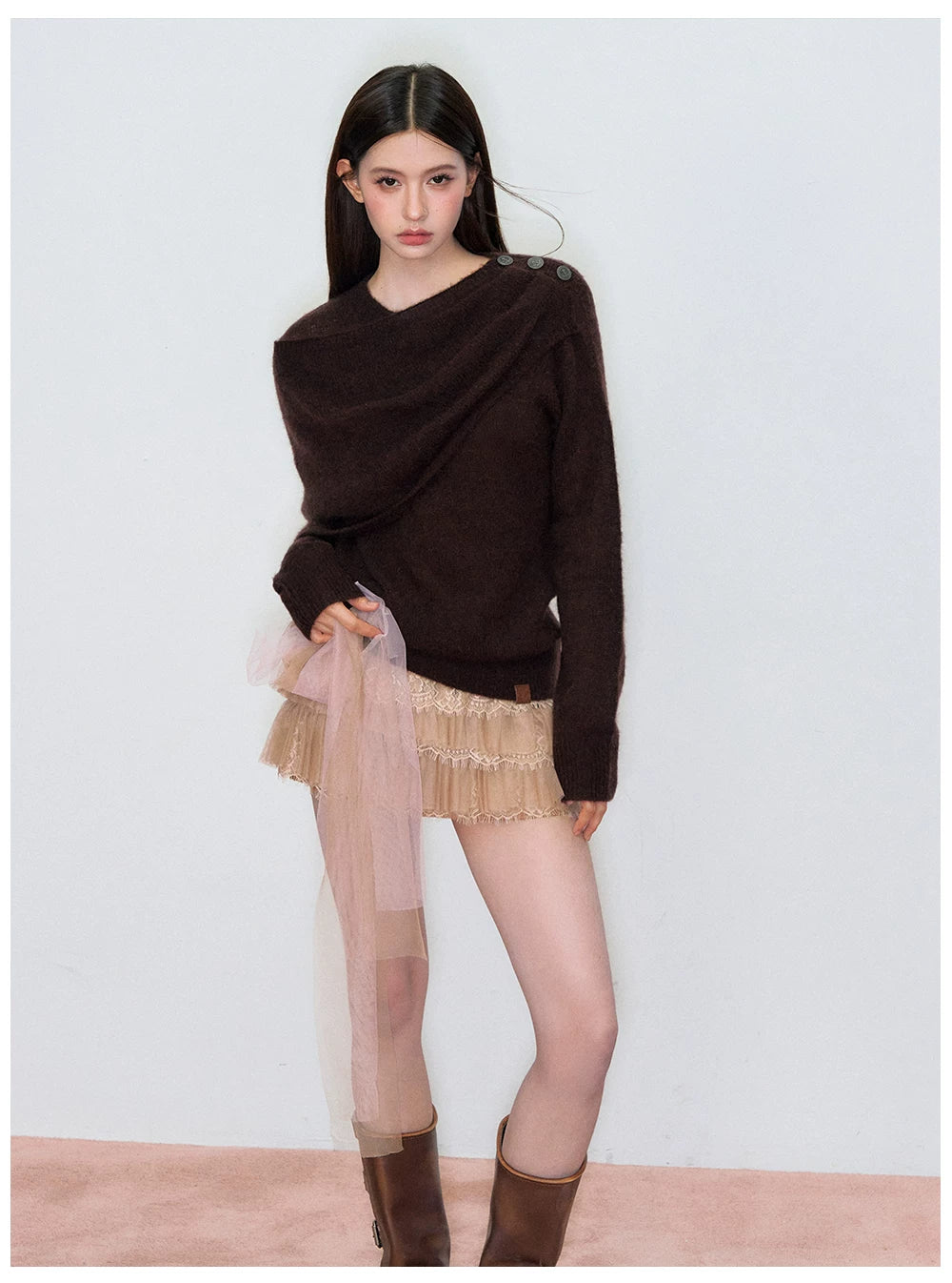 Shawl-Collar Relaxed Wool Knit Sweater