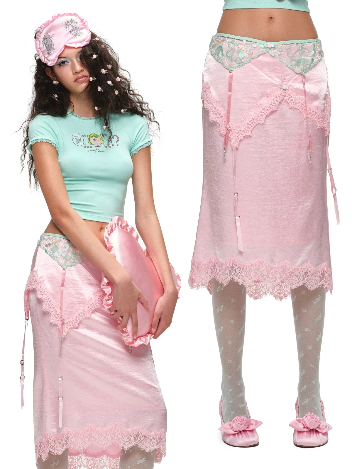 Asymmetric Satin Midi Skirt with Lace Trim