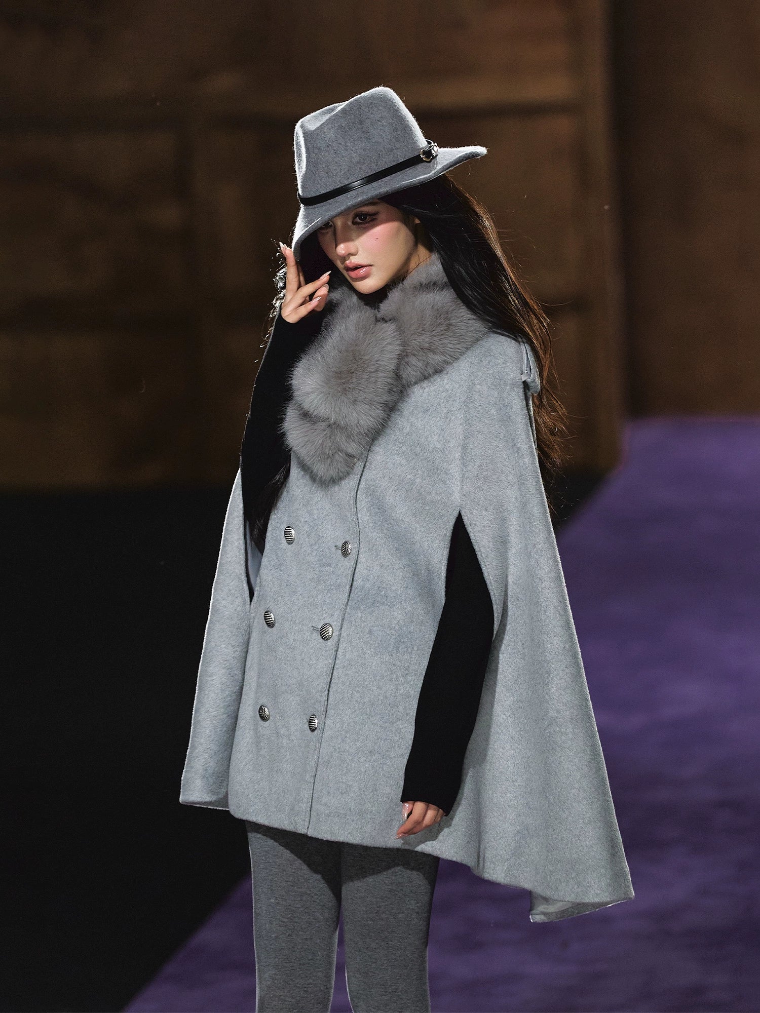 Wool-Blend Detachable Fur-Collar Cape Coat